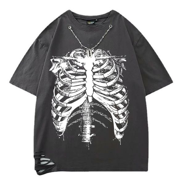 Herren T-Shirts Sommer Gothic Skeleton Print T-Shirts mit Kettenloch Männer Casual Baumwolle T-Shirt Unisex Atmungsaktive T-Shirts Streetwear Y2K Kleidung 230701