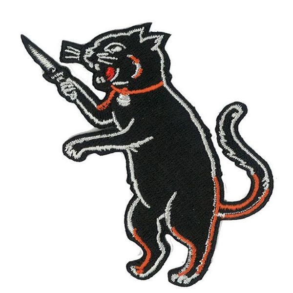 Schwarze Katze nimmt ein Messer, lustiger Cartoon, bestickter Aufnäher zum Aufbügeln, Kinder-Lieblingsabzeichen, DIY-Applikation, Kleidungsaufnäher, Emblem, Shippi333D