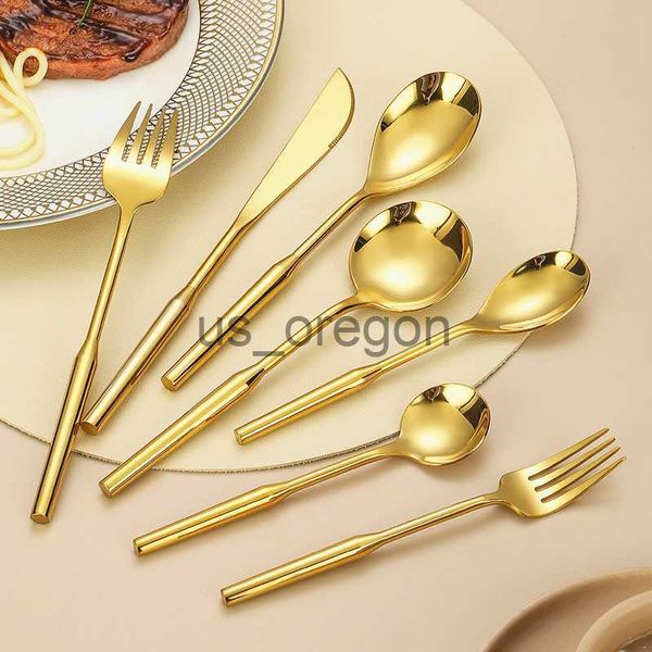 Set di stoviglie Manico tondo ispessito Set di posate occidentali 304 Stoviglie di lusso in acciaio inossidabile Coltello da bistecca Cucchiaio da pranzo Forchetta da dessert Posate x0703