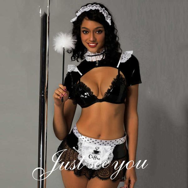 Seksi set siyah pvc dantel bayanlar fransız hizmetçi cosplay set seksi kostümler egzotik yavru wearhkd230703