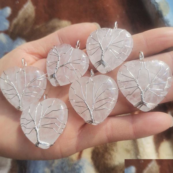 Ciondoli Ciondoli in quarzo di pietra a forma di albero della vita fatti a mano a forma di cuore di amore di cristallo bianco naturale per accessori di gioielli che fanno all'ingrosso D Dh7Pe