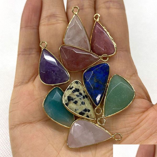 Charms 14X27Mm Triangle Natural Crystal Stone Green Blue Rose Quartz Pingants Gold Bunding Edge Trendy Para Colar Jóias Fazendo D Dhhl1