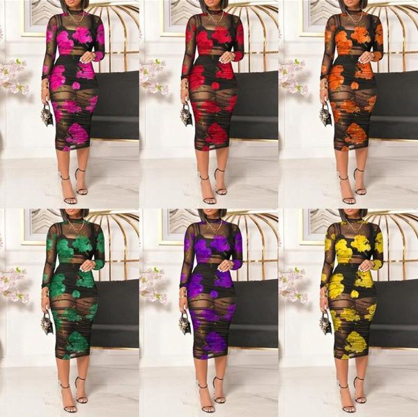 Lässige Kleider 2023 European American Black Strap Kurzer Rock gepaart mit Mode Blumendruck Transparent Mesh Sexy Langes Kleid Vestidos
