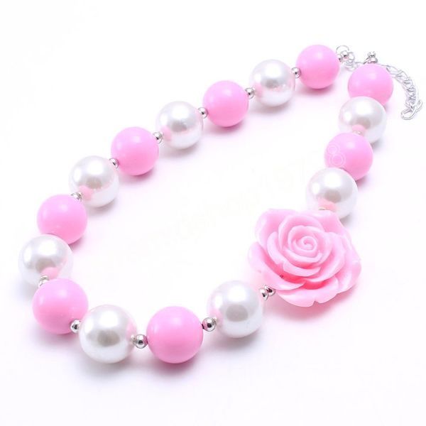 Mädchen trendige weiße + rosa Rosen klobige Kaugummi Perlen Halskette handgemachte Kinder Schmuck süße Baby ABS Perlen Halskette für Partygeschenke