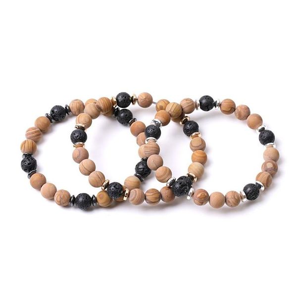 Contas de pedra de linha de madeira fosca frisada 8 mm hematita lava vertente pulseiras para mulheres homens yoga buda jóias de energia entrega direta dhc5v