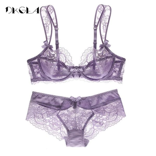 Reggiseno scava fuori Set di biancheria intima di pizzo trasparente Set di biancheria sexy ultrasottile Ricamo donna Plus Size Reggiseno viola e set di mutandine Y202808