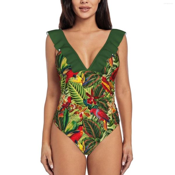 Roupa de banho feminina Vintage Tropical Bird Jungle Garden Fato de banho feminino babado One Piece Body sexy Monokini Maiô Birds