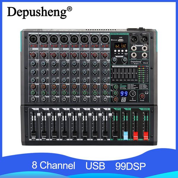 Mixer Mixer audio professionale Depusheng Pa8 Scheda audio a 8 canali Console Dj Mixing Desk Interfaccia di sistema Effetto riverbero 99 incorporato