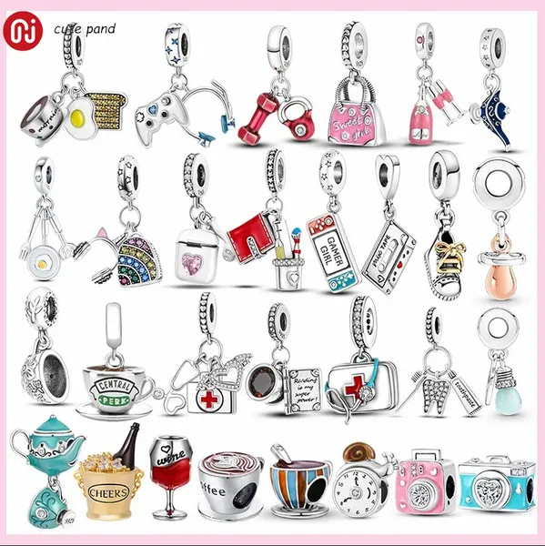 925 Silber Perlen Charms passen Pandora Charm Armband Kaffeetasse Kopfhörer Kamera Teekanne Charm Set Anhänger