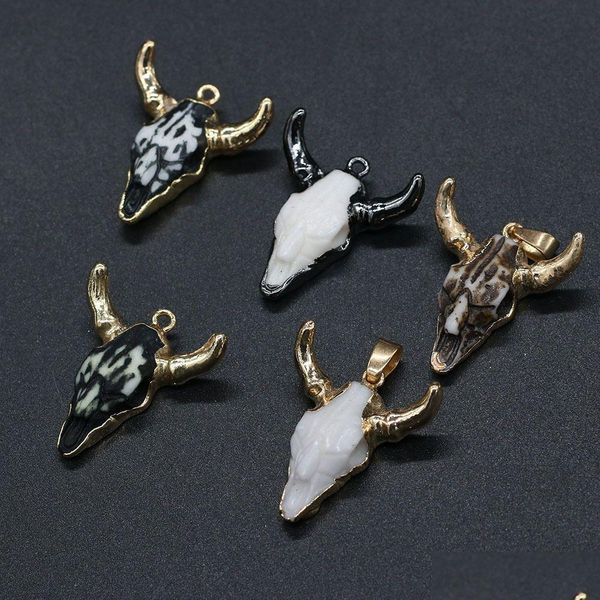 Charms Pedra Semipreciosa Acrílico Boi Ossos de Vaca Forma de Cabeça Pingente Encontrar Para Diy Colares Homens Punk Mulheres Moda Jóias 26X30Mm Dhido