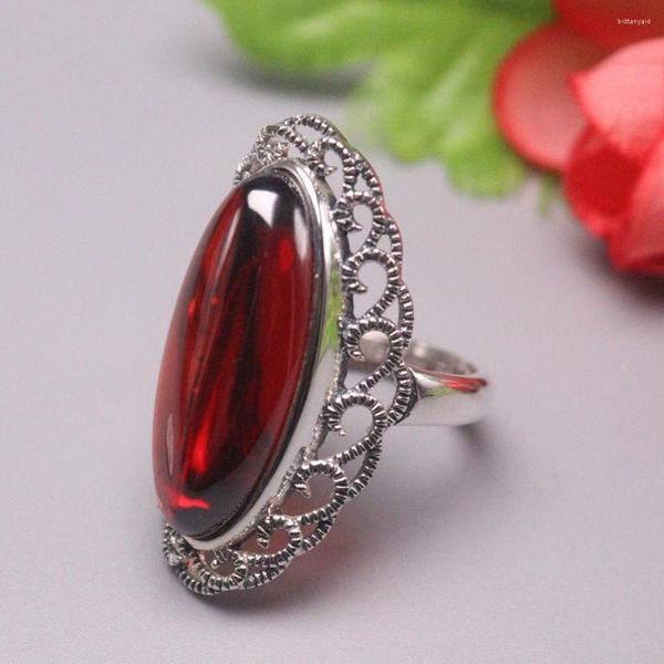 Anelli a grappolo Anello in argento sterling S925 genuino/originale per donna Granato rosso femminile Elegante taglia USA 5-9