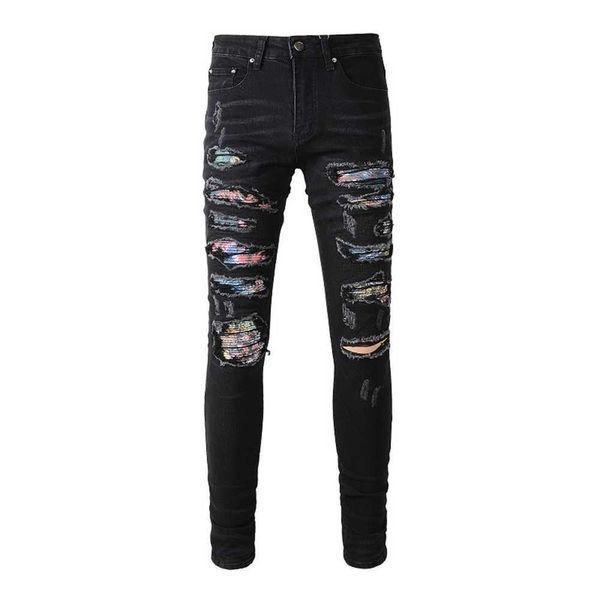 Jeans masculinos de grife jeans skinny rasgados jeans masculinos para motocicletas slim fit streetwear calças de rua hip hop angustiadas calças destroyedrsr1