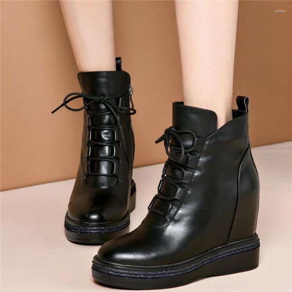 Sapatos sociais Tênis Punk Feminino Com Cadarço Couro Genuíno Plataforma Cunha Salto Alto Sapato Feminino Dedo Redondo Moda Casual