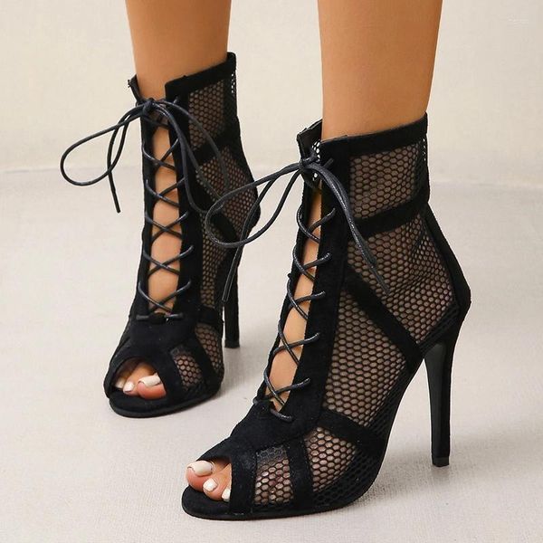 Платье обувь черная прозрачная сетчатая сандалии женщин 2023 летние на высоких каблуках сапоги модные перекрестные шнурки