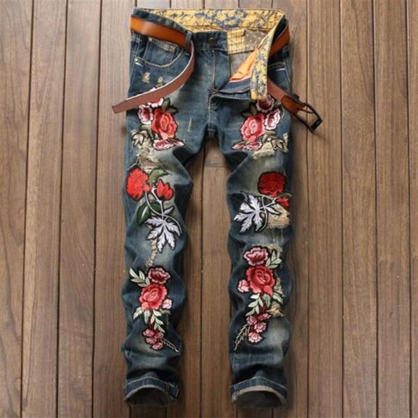 Bordado Floral Tiger Bird Print Design Masculino Jeans Rasgados Slim Denim Lápis Calças Hommes Azul Reta Biker Jean Calças Longas 206K