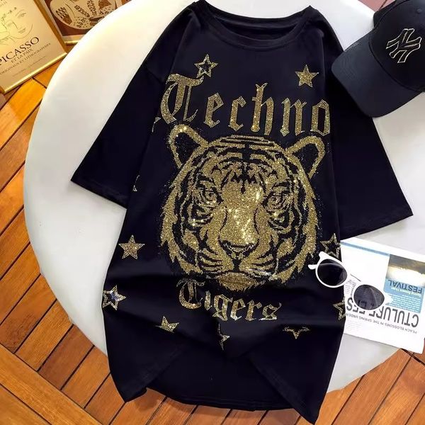 2023 Summer New Full Diamond Tiger Head Back Wing Hot Diamond T-shirt a maniche corte da donna Black Top Fashion Edition