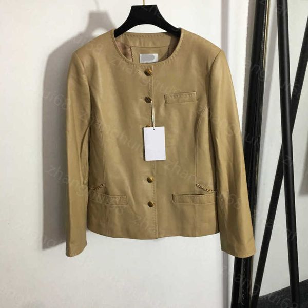 23ss giacca di pelle da donna abbigliamento firmato da donna fibbia catena tasca decorativa 100% cappotto girocollo in pelle di montone importato abbigliamento donna di alta qualità a1