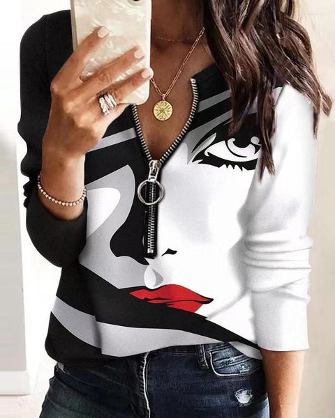 Frauen T Shirts Mode Gesicht Druck Zipper V-ausschnitt Langarm Casual Herbst Top Lose Pullover T-shirts Camisetas Mujer