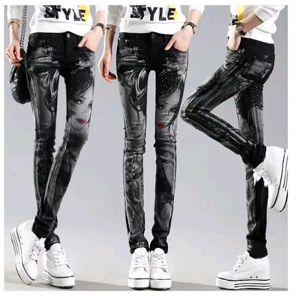 Черные длинные джинсы Женщина повседневные брюки для карандашей Girl Sharefinefons Drilling Printing Skinny 6115222O
