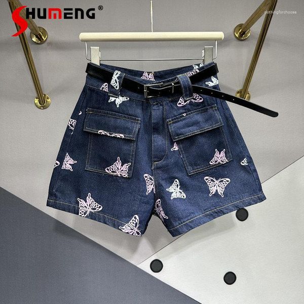 Damen-Jeans, lässige Patch-Tasche, Schmetterlingsdruck, Denim-Shorts für Frauen, 2023, Sommer, hohe Taille, schlankmachende A-Linie, weites Bein