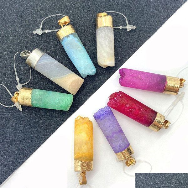 Charms Colorf Druzy Crystal Stone Cilíndrico Pingente Para Fazer Jóias Chakra Reiki Cura Verde Rosa Amarelo Pingentes Atacado D Dhruh