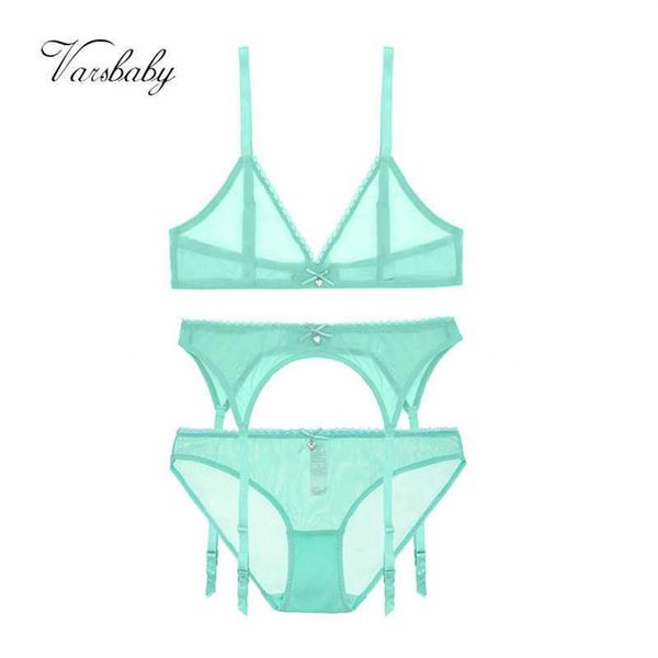 Varsbaby Hellgrünes, weiches Mesh-Dessous-Set, sexy Garn, transparent, tiefer V-Draht, nahtlos, bequem, BH, Höschen, Strumpfband, Q0705243C