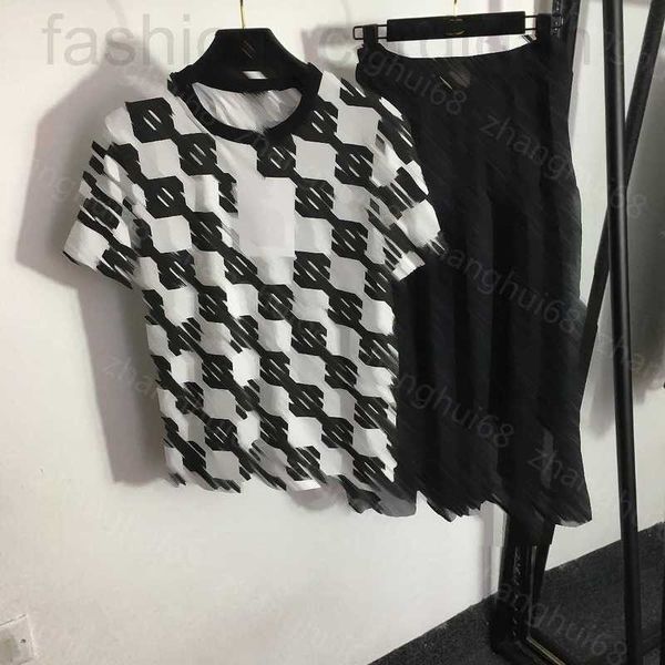 Двух кусочков дизайнер 23ss женская юбка для одежды набор печать черно-белая клетчатая футболка с коротким рукавом шифоновая сетка Fvqm fvqm