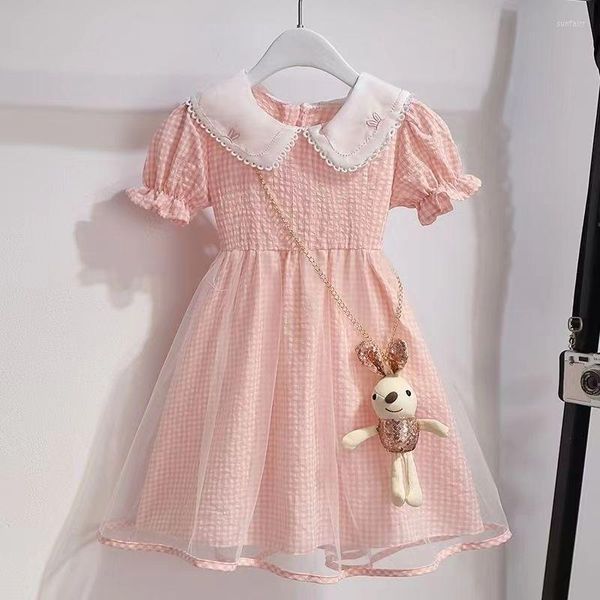 Vestidos para meninas 3-11 anos Vestido de manga curta para meninas de verão 2023 infantil rosa gola de boneca xadrez xadrez princesa saia