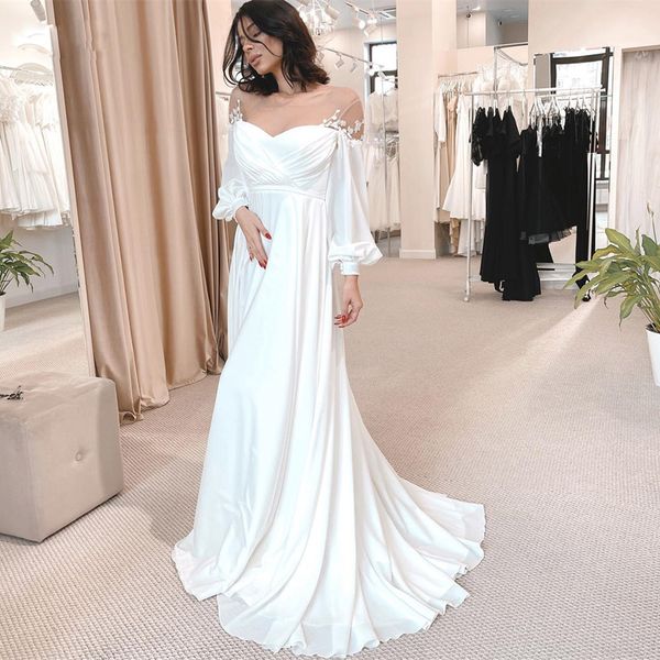 Abiti da sposa moderni in chiffon con collo a sbuffo e maniche a sbuffo con applicazioni in pizzo Una linea abito da sposa abito da sposa in gravidanza con piega impero