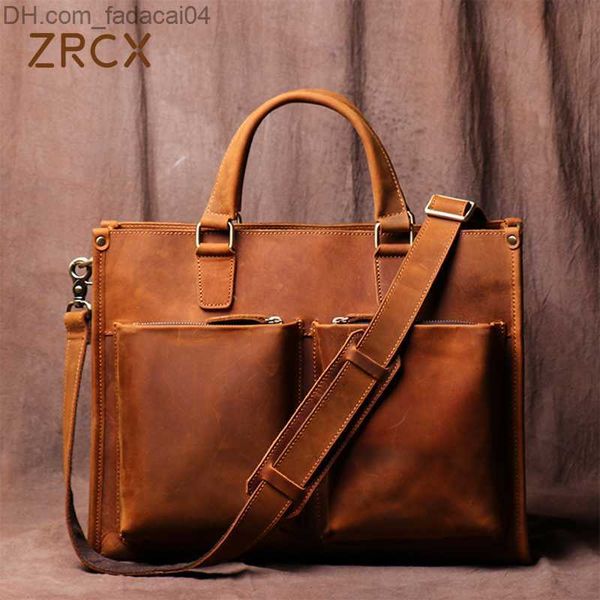 Портфель дармазы Zrcx Vintage Man Sudbage Mud Men Men Sruck Horse Hornuine Leather Bags Brown Business Fashion 14 -дюймовая сумка для ноутбука Z230704