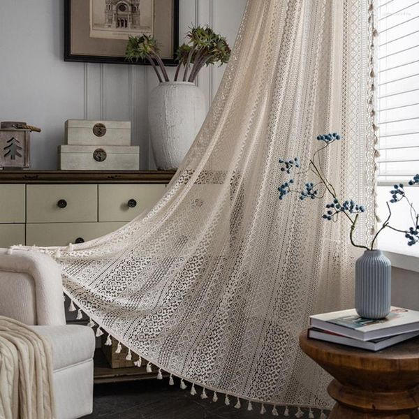 Tenda moderna in tulle stile americano trasparente confortevole facile da installare boho nappe all'uncinetto drappo per finestra