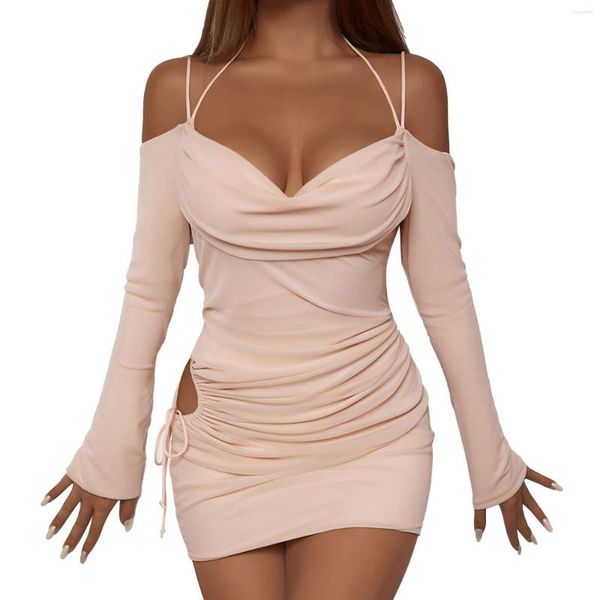 Sıradan elbiseler seksi kapalı omuz uzun kollu yular yan içi boş dışarı bandaj mini elbise kadınlar fırfırlar tatil çiçek dantel vestidos