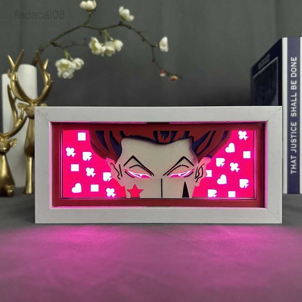 Luci notturne Anime Light Box X Hunter Hisoka Eye Face per la decorazione della camera da letto Lightbox Manga Paper Carving Table Desk Lamp Wood HKD230704