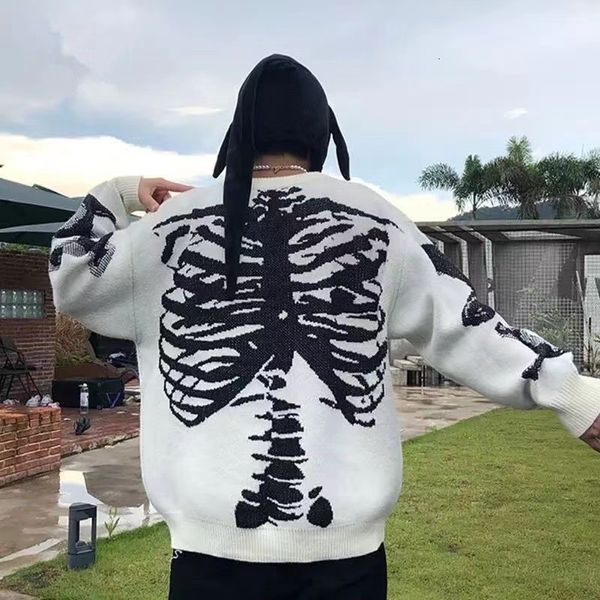 Suéter Feminino American High Street Skeleton Sweater Masculino Feminino Y2k Street Retro Decote Redondo Pulôver Solto Bomb Street Knit Casaco Tamanho Grande 230703