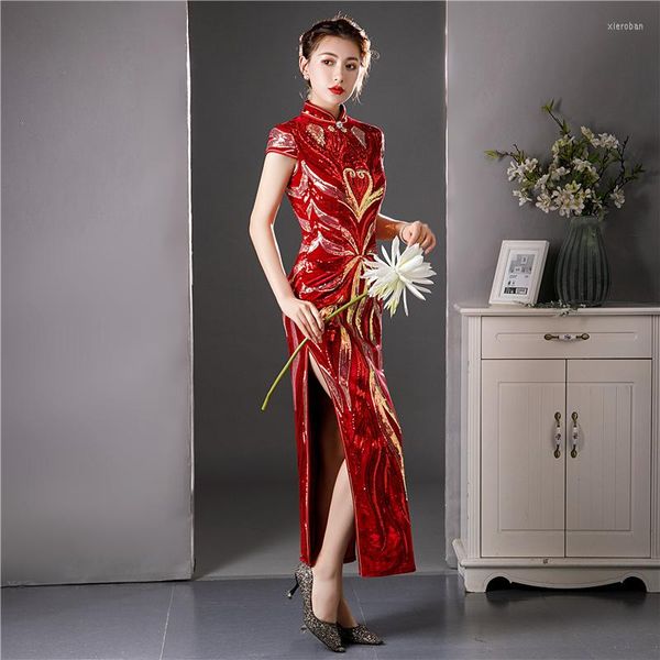 Этническая одежда винтажная велюровая блестки Cheongsam Сексуальное китайское платье свадебного платья с коротким рукавом Qipao Sweath Plus Size 6xl