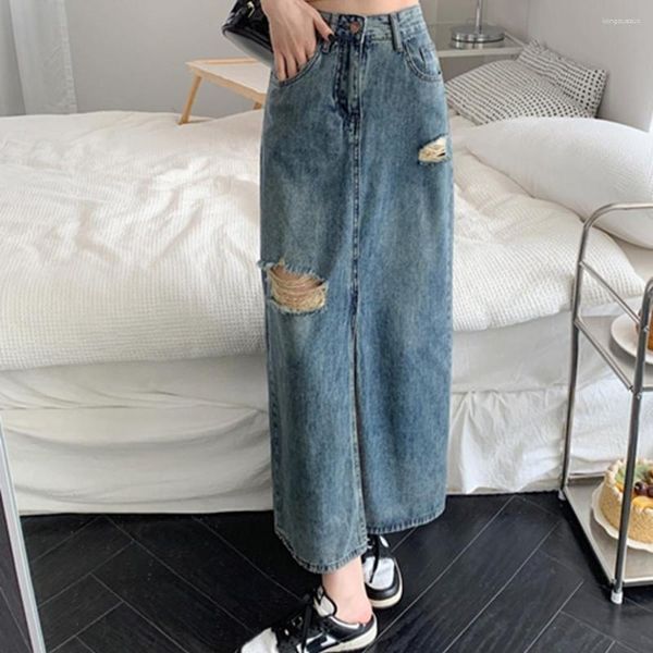 Gonne Gonna di jeans Donna Blu Vita alta Una linea Vintage lunga primavera 2023 Fashion Slit Maxi Summer Jeans strappati