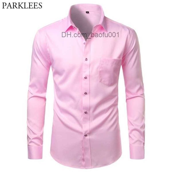 Мужские повседневные рубашки розовые мужские платья рубашки с длинным рукавом бамбуковое волокно пуговица вниз по мужчинам.