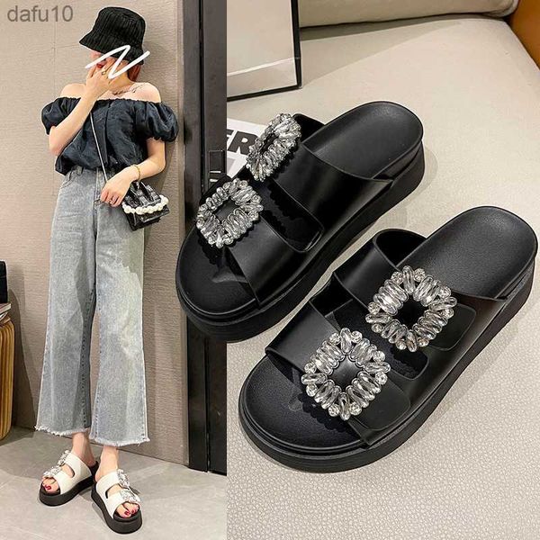 2023 Marca Sapatos de Strass Senhoras Salto Alto Sandálias Plataforma Fivela Dupla Banda Chinelos Mulher Muffins Cristal FlipFlops Mujer L230704