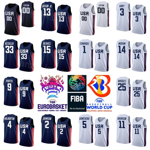 Stampa US World Cup 2023 Basket 25 Maglia Mikal Bridges 9 Bobby Portis 33 Walker Kessler 3 Josh Hart 2 Cameron Johnson 5 Paolo Banchero Nazionale Stati Uniti