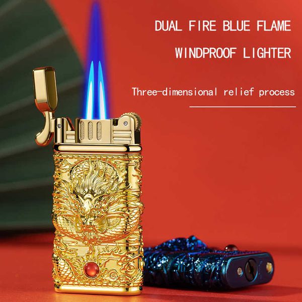 Creative Embossed Metal Grinding Wheel Double Blue Flame Jet Torch Windproof Cigar Lighter For Men 8WP8Without Gas