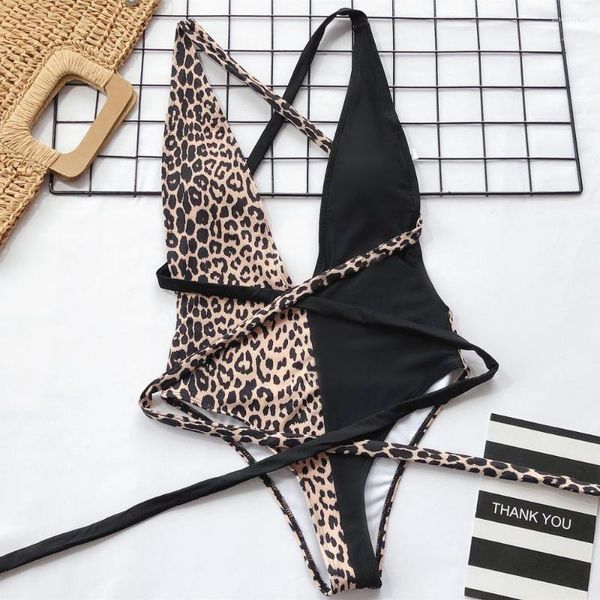 Damenbadebekleidung Sommer Einteiliger Leopardenmuster-Badeanzug Weiblicher tiefer V-Ausschnitt Bikini Bandage Badeanzug Monokini Frauen