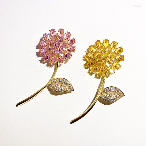 Broches Luxo Rosa Amarelo Cristal Zircônia Cúbica Dente-de-leão Broche Feminino Girassol Pin Crachá Jóias Pins Presente Feminino Corpete