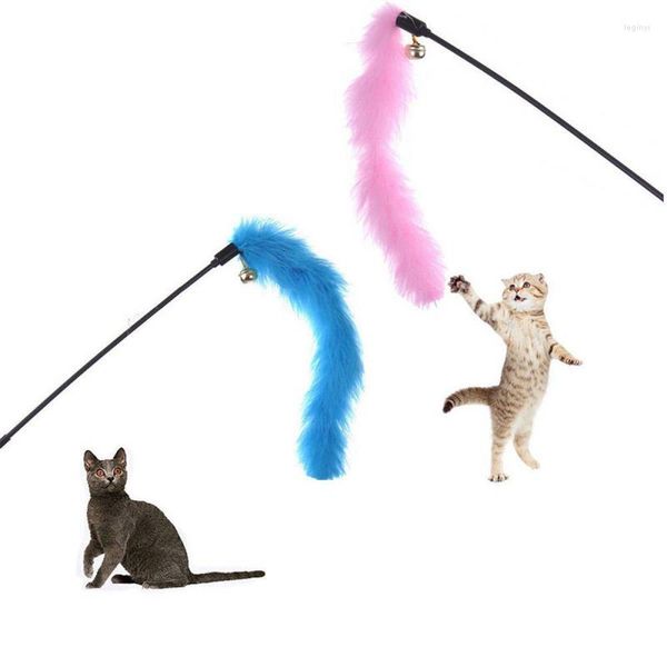 Kedi oyuncaklar sevimli renkli hindi saç komik kutup doğal tüyler alay çubuk tüy çan interaktif evcil