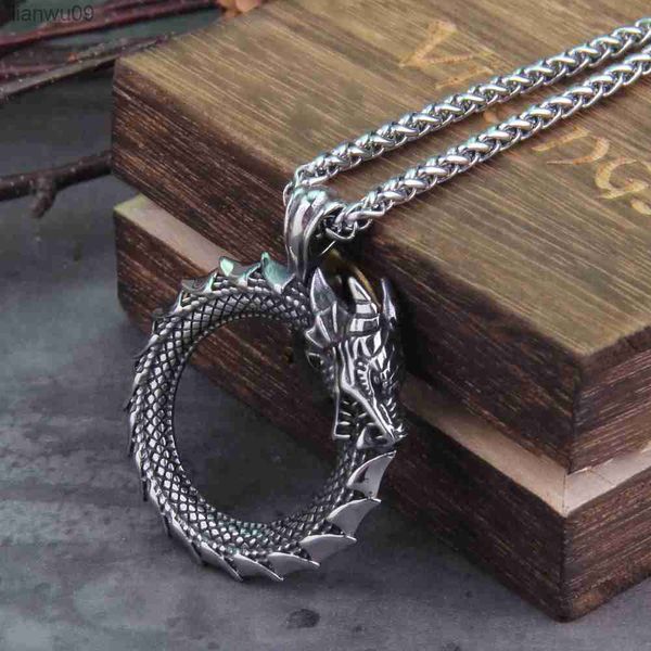 Never Fade Männer Edelstahl Wikinger Selbstfresser Ouroboros Valknut Amulett Drachen Anhänger Halskette mit Wikinger Holzkiste L230704