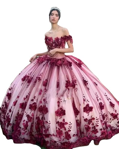 Fantastische 3D-Blumen-Schmetterlings-Burgunder-Quinceanera-Kleider, Ballkleid, schulterfrei, gerüscht, lange Abschlussball-Abendkleider, mexikanische Sweet 15 16-Kleider