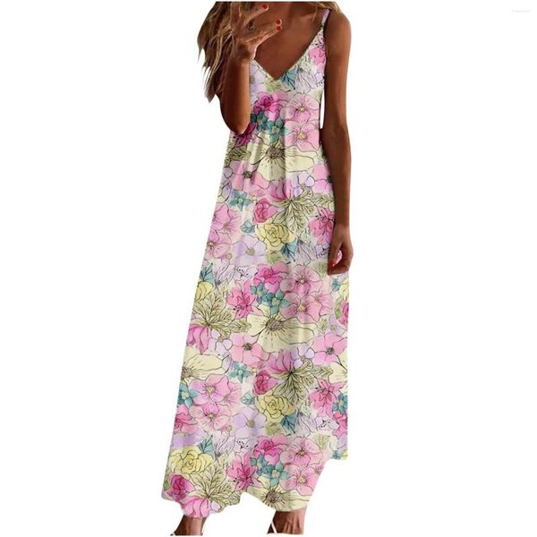 Vestidos casuais femininos vestido de alça fina moderno sem mangas estampa floral adolescente verão feminino vestidos de verão com bolsos