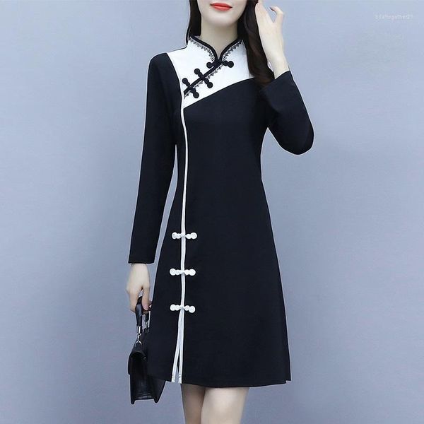 Ethnische Kleidung Schwarz Plus Größe Slim Qipao Frauen Langarm Chinesisches Kleid Hanfu Cheongsam Vintage Robe Orientale Traditionelles Vestido 12779