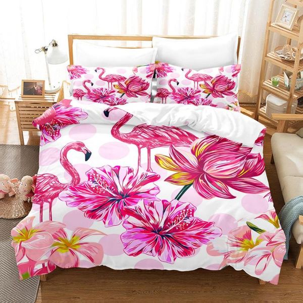 Bettwäsche-Sets, rosa Flamingo-Bettbezug-Set, grüne Blätter, Blumen- und Tierdruck für Kinder und Mädchen, tropisches Muster-Design, Schlafzimmer-Dekoration