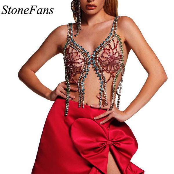 Navel Bell Button Rings Stonefans Carnival Masquerade Costumes Crystal Bikini Bra Rave Outfit Underwear Body Chain Harness Collana Gioielli 230703