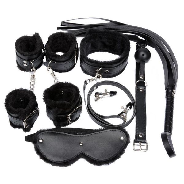 Set di costumi da donna Set di 7 pezzi Sexy in pelle PU Peluche Fetish Sex Bondage Biancheria intima erotica con manette Morsetti per capezzoli Gag Whip217V